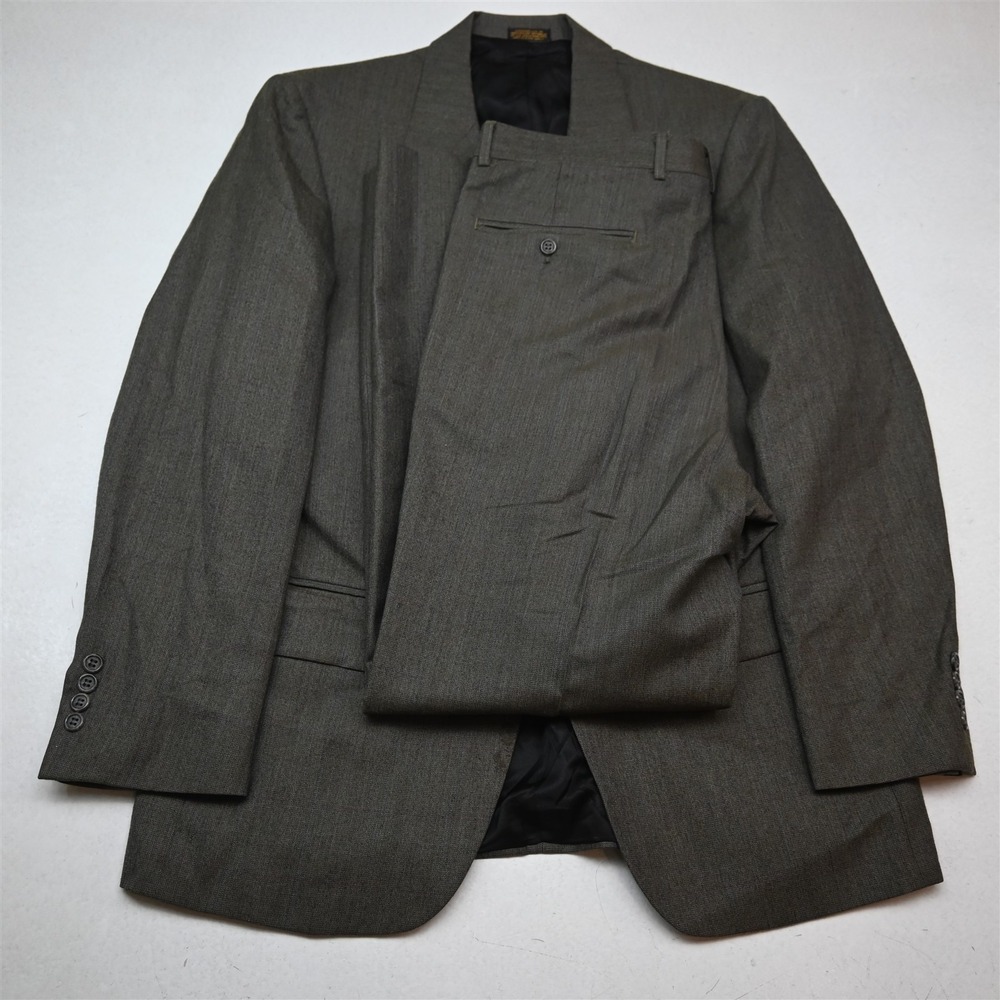 Vtg 90s Oscar de la Renta 41R 34x30 Brown Windowpane Wool Mens Jacket Pants Suit